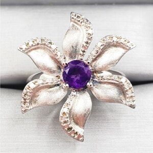 Genuine Round Purple Amethyst & Diamond Accent 925 Silver Flower Statement Ring